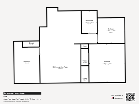 Floor plan for 3 beds, 1 bath, 935 sqft